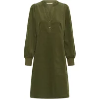 Olive green long dress with V-neck, long sleeves, and knee-length hem by CULTURE Ula Rhaena.