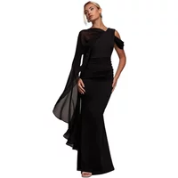 Black Goddiva women's long dress with asymmetrical neckline and sheer draped sleeve detail.