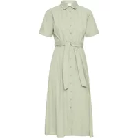 Light green women's long dress Ichi Fanty with short sleeves, button front, and waist tie.
