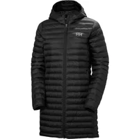 Black women's long hooded down jacket by Helly Hansen with quilted pattern and front zipper closure.