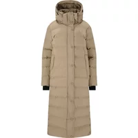 Beige women's long puffer jacket with hood, quilted pattern, and front button closure by Whistler Joana.