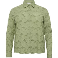 Green KAFFE Curve KCTiara blouse with long sleeves, collared neckline, and subtle floral pattern.