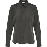 Black women's long sleeve blouse by Kaffe with button-up front and pointed collar.