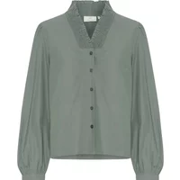 Gray women's long sleeve blouse with ruffled V-neck and button-down front by Kaffe.