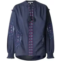Navy blue long sleeve blouse with embroidered floral patterns and tassel tie neckline by Pepe Jeans.