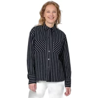 Women's Ragwear Teagan Stripes blouse, black with white vertical stripes, long sleeves, button-up front, chest pockets.
