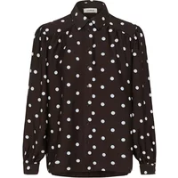 Black long sleeve blouse with white polka dots, button-up front, and classic collar by Soaked in Luxury.
