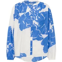 White and blue floral long sleeve blouse with button front and round neckline by Soaked in Luxury.