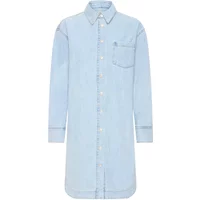 Light blue long sleeve denim dress by fransa with button-down front and chest pocket.