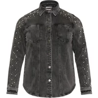 Women's long-sleeve black denim shirt with studded detailing and front pockets by KAFFE Curve.