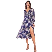 Women's long sleeve midi dress, Goddiva Printed Lurex Chiffon, navy with floral pattern and side slit.