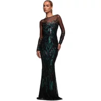 Goddiva Sequin Flame Maxi dress, women's long sleeve, black with green sequin pattern, sheer neckline.