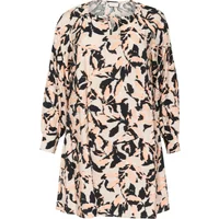 Women's long sleeve dress KAFFE Curve Paca with abstract black and peach floral pattern on a white background.
