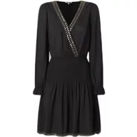 Black long sleeve dress by Pepe Jeans with V-neck, studded trim, and flared skirt.
