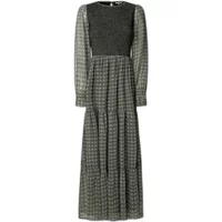 Long sleeve Pepe Jeans dress, black textured bodice, patterned sheer sleeves, and tiered skirt.