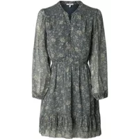 Women's long sleeve floral dress with button front, cinched waist, and ruffled hem in dark gray by Pepe Jeans Londyn.