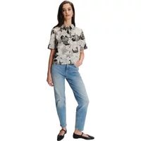 Women's long sleeve shirt with black floral pattern, button-up front, and collar, by Greenpoint.