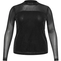 Black long sleeve knit blouse with sheer mesh yoke and sleeves, high neckline, by KAFFE Curve Olgie.
