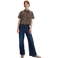 Women's long sleeve patterned shirt by Greenpoint, brown with abstract design, button-up, paired with dark blue jeans.