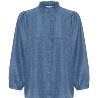 Blue long sleeve ruffled shirt by Kaffe with a high collar and button-down front.