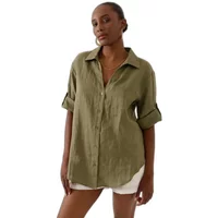 Olive green women's long sleeve shirt by Artlove, button-up with a collar, rolled sleeves, and a relaxed fit.