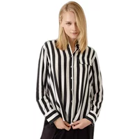 Black and white vertically striped women's long sleeve shirt with button front and chest pocket.