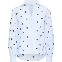White b.young Fabienne women's long sleeve shirt with blue geometric patterns and a pointed collar.