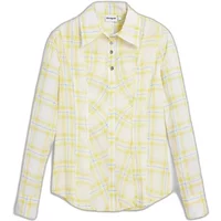 Women's long sleeve shirt Desigual Buble, yellow plaid pattern, button-up front, pointed collar.