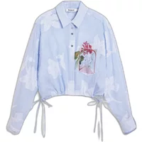 Blue Desigual Parker women's long sleeve shirt with floral print, button-up front, and adjustable waist ties.