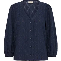 Navy blue women's long sleeve shirt by fransa Imira 1 with V-neck, button front, and subtle lace pattern.
