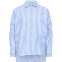Blue and white striped long sleeve shirt with button-down front and classic collar.