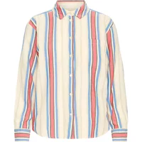 Striped long sleeve shirt by Ichi Fanni, featuring vertical red, blue, and beige stripes with a button-up front.