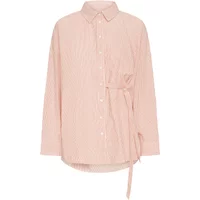 Pink long sleeve shirt with button front, pointed collar, and side tie detail by Ichi Fluca.