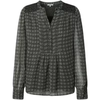 Women's long sleeve shirt by Pepe Jeans, black and white geometric pattern, button front, pleated detail.