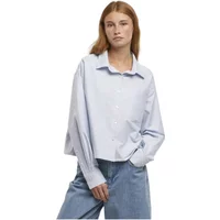 Women's long sleeve striped Oxford shirt, light blue with white stripes, button-up, classic collar, relaxed fit.
