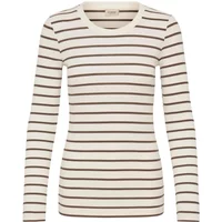 Women's long sleeve T-shirt by fransa, cream with brown horizontal stripes, round neckline, fitted design.