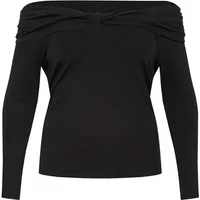 Black women's long sleeve off-shoulder T-shirt with gathered neckline detail by KAFFE Curve.