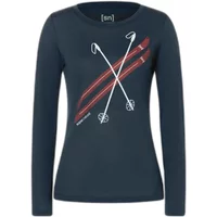 Navy women's long sleeve T-shirt with crossed ski poles and red stripe design on front.