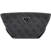 Black Guess Wilder women's makeup bag with embossed logo pattern and triangular Guess emblem.