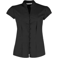Black women's mandarin collar blouse with short sleeves and button-up front by Kustom Kit.