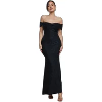 Black off-shoulder Goddiva maxi dress with a knot twist detail and fitted silhouette.