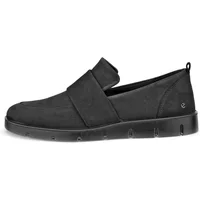 Black ECCO Bella women's moccasins with wide strap, textured sole, and pull tab at heel.