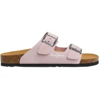 Pink suede women's mules by Pepe Jeans with dual silver buckles and cork sole.