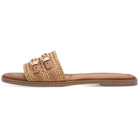 Brown woven leather women's mules by Tamaris with dual buckle straps and flat sole.