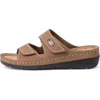 Brown leather women's mules by Tamaris with two velcro straps and black cushioned sole.