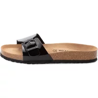 Black patent leather mule with cork sole, single buckle strap, and contoured footbed.