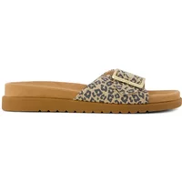 Women's mules with leopard print strap, tan buckle, and brown sole by TOMS.