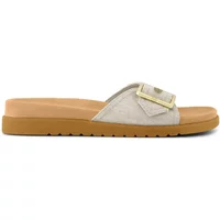 Women's TOMS mules, beige fabric with gold buckle, tan cushioned sole, slip-on style.