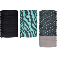 Set of three Avento neck covers: solid black, teal zebra print, and gray with black and teal stripes.