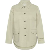 Cream women's overshirt by KAFFE Curve, button-up front, two large pockets, and "LEISURE DEPT." text on the sleeve.